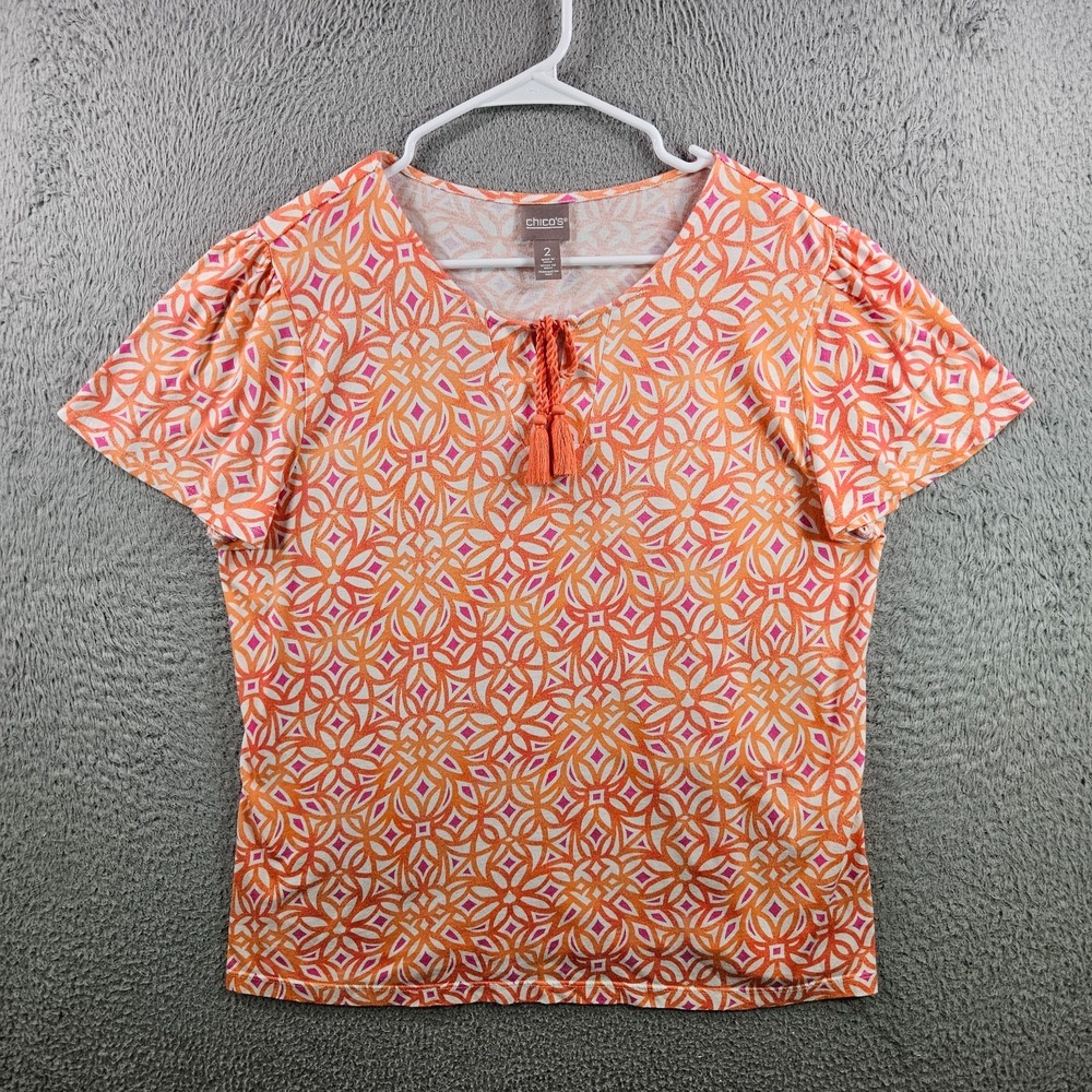 Chico's Top Women‎ Size 2 Tie Neck w Tassel Geometric Print Orange White